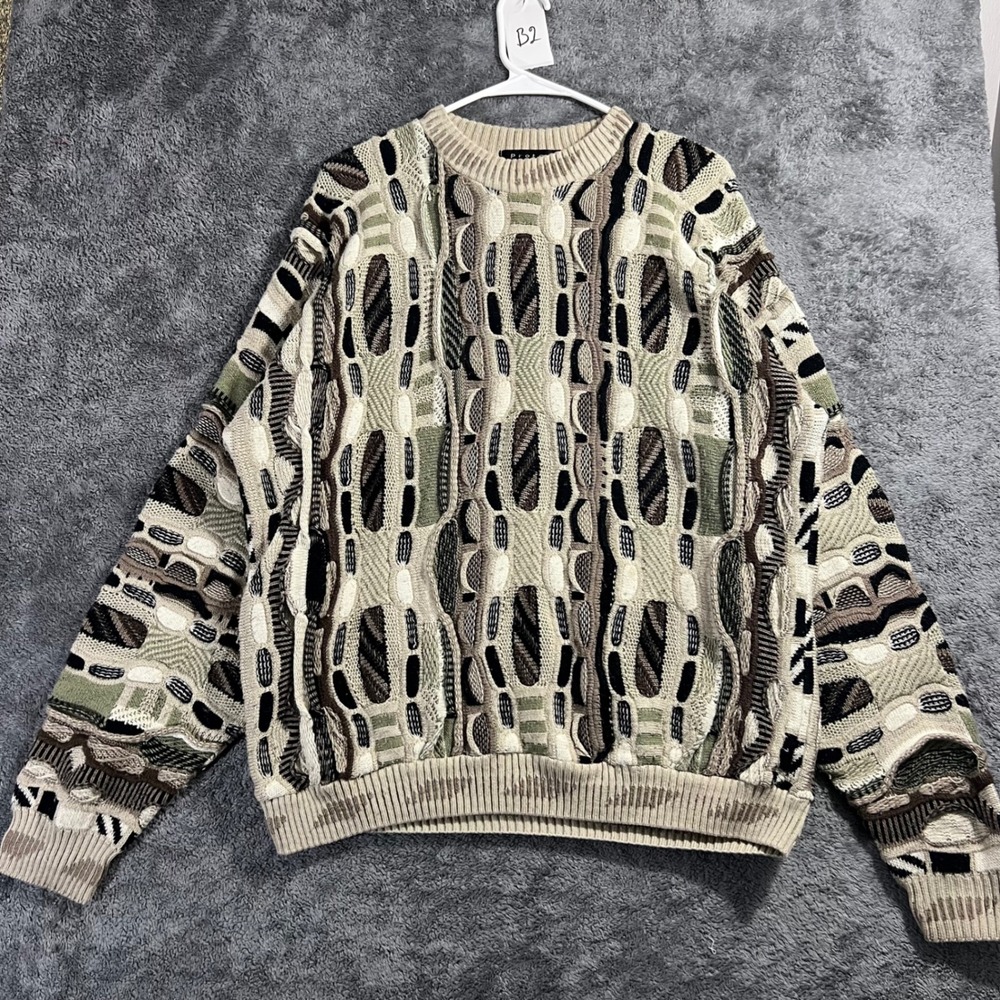 Protege Collection Mens XL 3D Knit Sweater Vintage 90s Multi Earth Tone Abstract